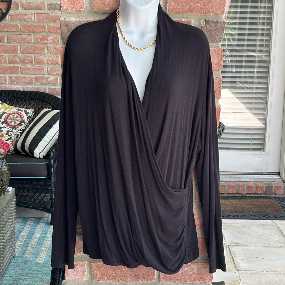 PECK & PECK Black Large Long Sleeve Surplice V Neck Draped Popover Top